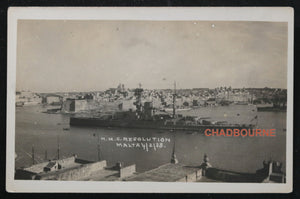 1923 photo postcard of HMS Resolution in port at Malta