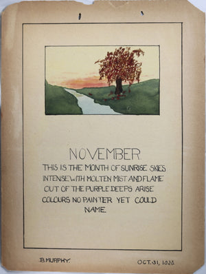 1923 three homemade calendar pages, each with watercolour illustration