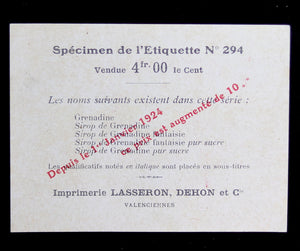 1924 Grenadine -  specimen label / Spécimen d’étiquette sirop