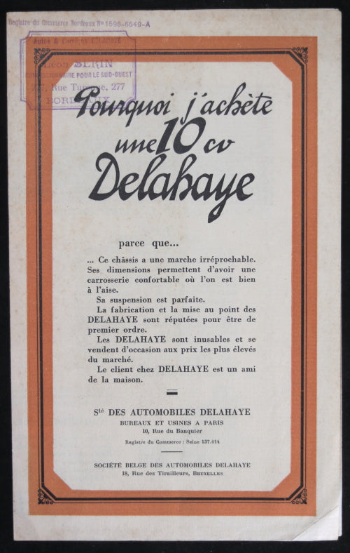 1924 dépliant automobile Pourquoi j' achète une 10 CV Delahaye