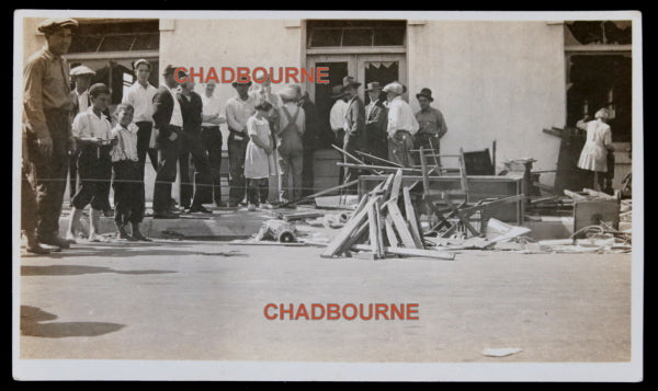 1924 set of two B&W photos, San Pedro CA Union hall attacked by KKK