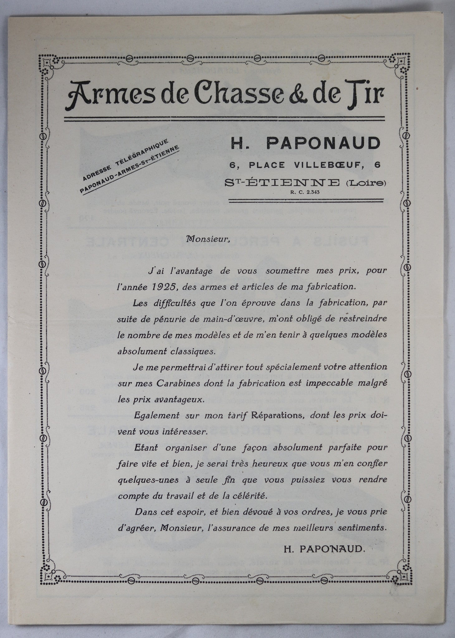 1925 dépliant Armes de Chasse et Tir Paponaud (Saint-Etienne)