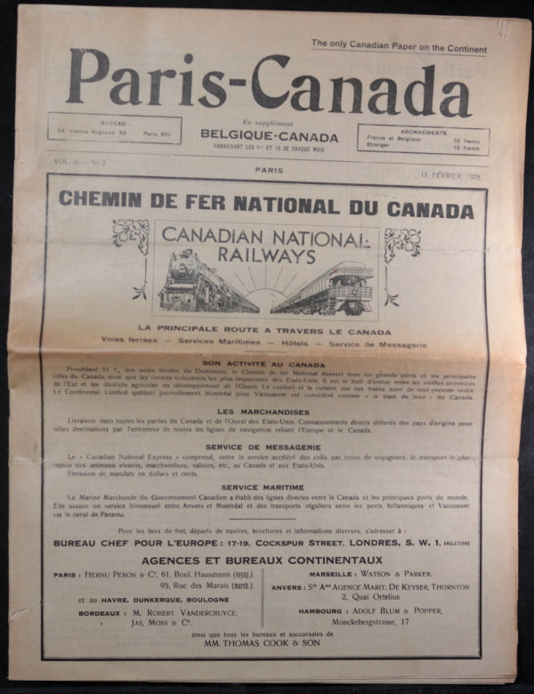 1925 journal bihebdomadaire Paris-Canada + Belgique-Canada #1