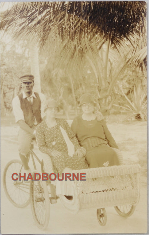 1927-28 Photo postcard Mexican man on bicycle taxi with two passengers