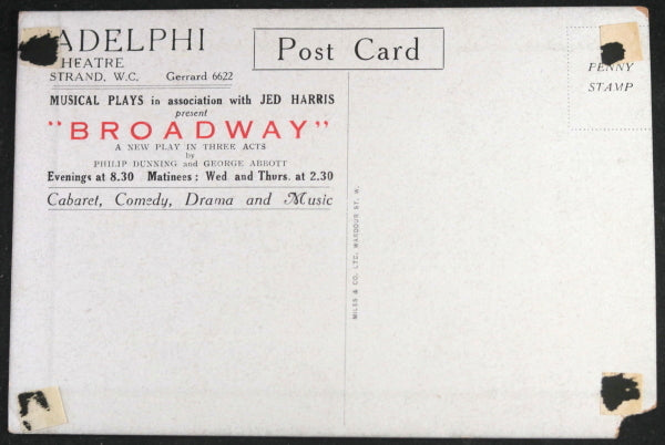 1927 London UK advertising postcard Adelphi Theatre play ‘Broadway’