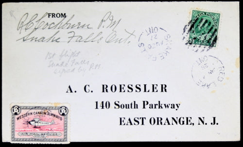 1927 1st Flight cover Snake Falls Ontario (Western Canada Airways)