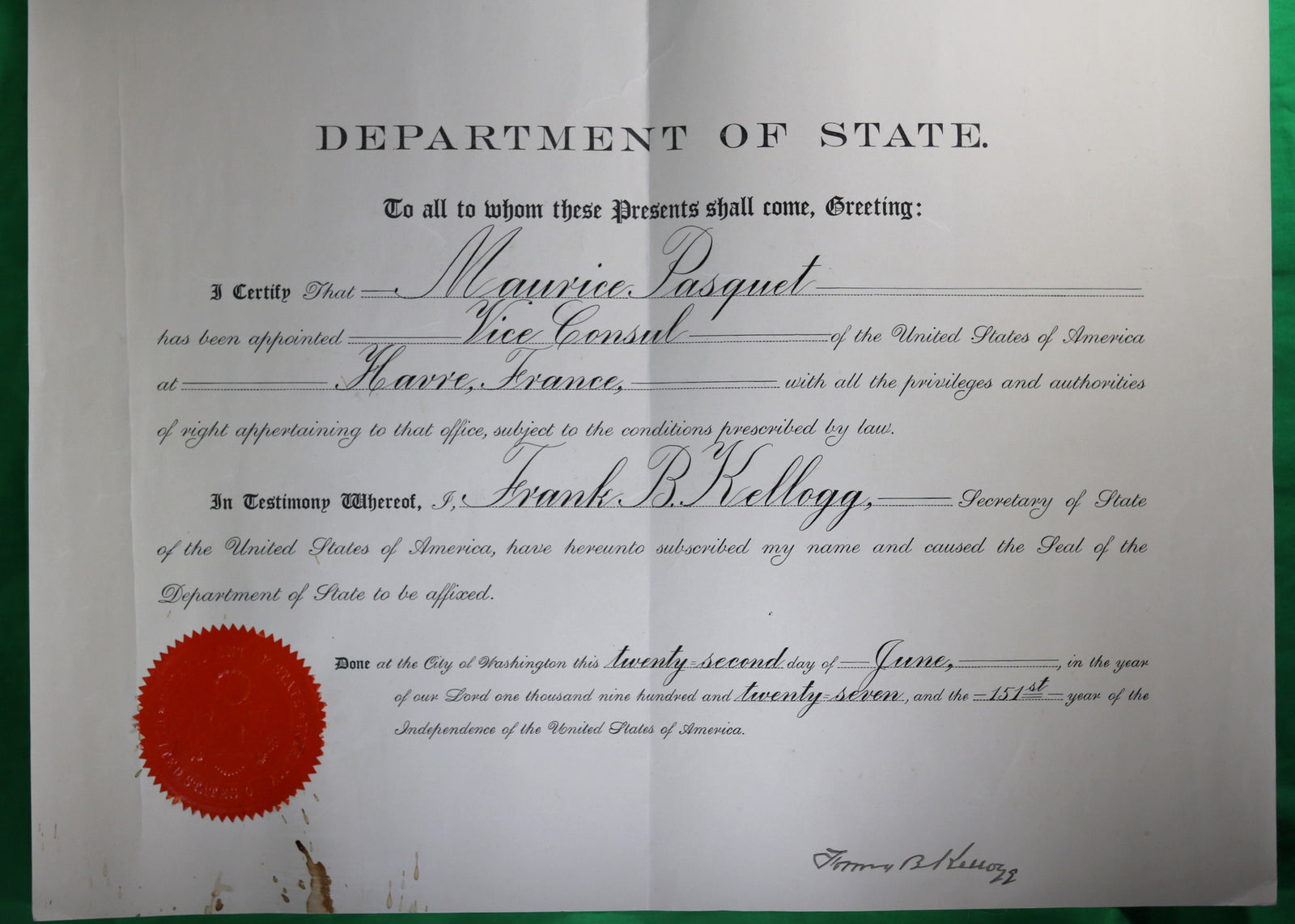 1927 consular appointment signed by Secretary of State Kellogg