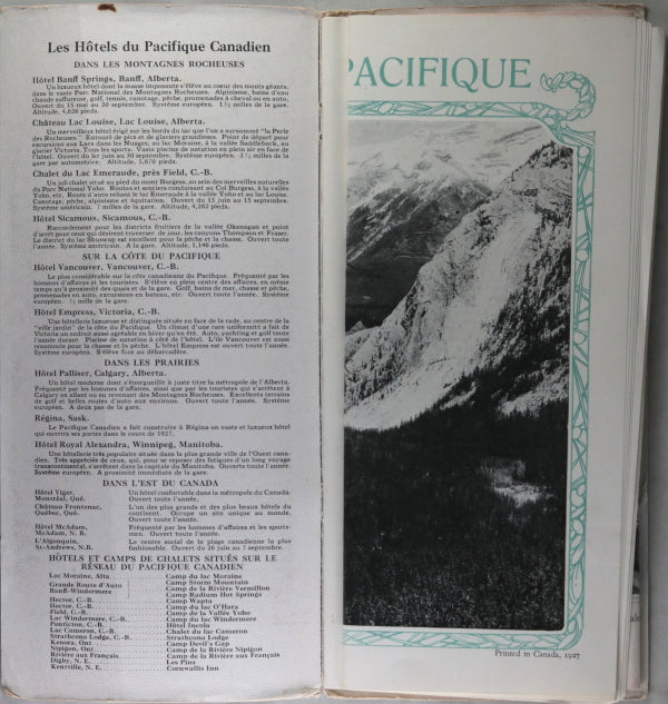1927 pamphlet ‘Voyages à la Cote Pacifique à travers les Rocheuses’