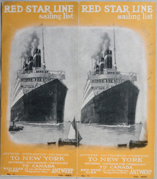 1928 Red Star Line steamship sailing list – Europe  North America