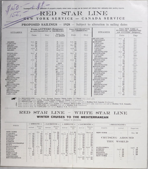 1928 Red Star Line steamship sailing list – Europe  North America