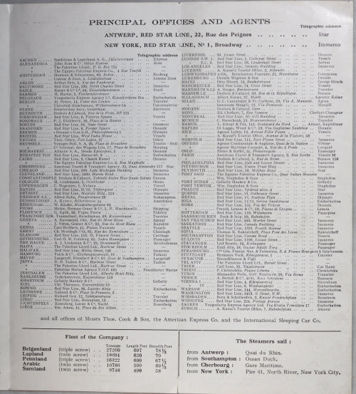 1928 Red Star Line steamship sailing list – Europe / North America
