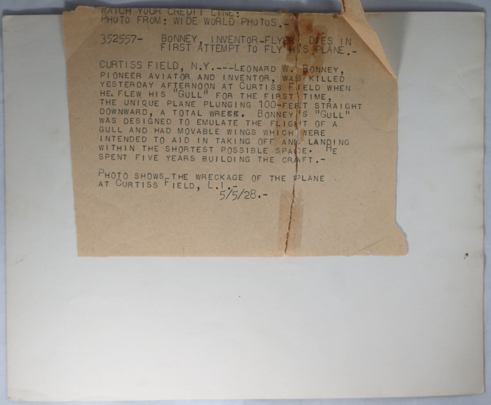 1928 photo wreckage of plane crash, killing aviation pioneer Bonney