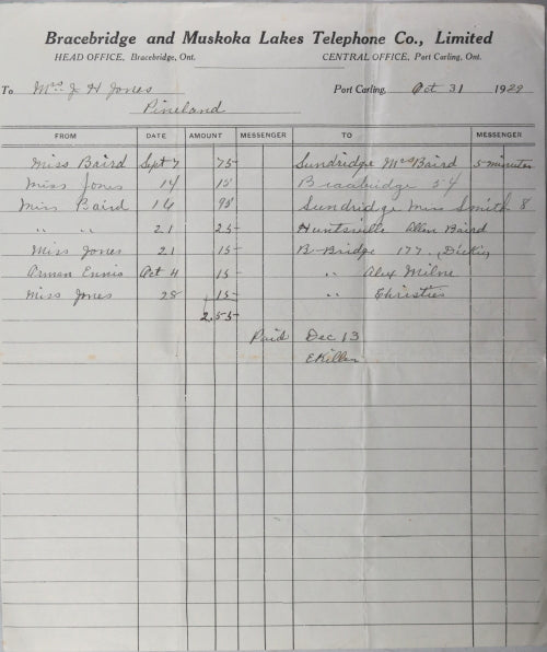 1929 Bracebridge and Muskoka Lakes Telephone Co. (Ontario) resort bill