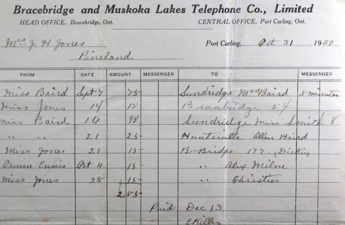 1929 Bracebridge and Muskoka Lakes Telephone Co. (Ontario) resort bill