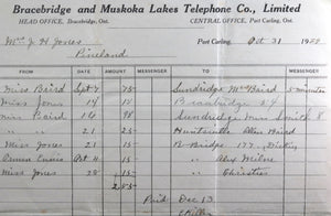1929 Bracebridge and Muskoka Lakes Telephone Co. (Ontario) resort bill