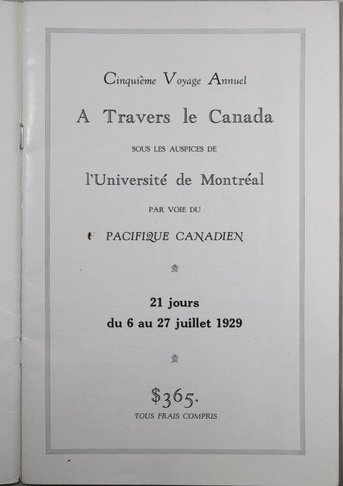 1929 Pacifique Canadien ‘Cinquième Voyage Annuel’ tourisme