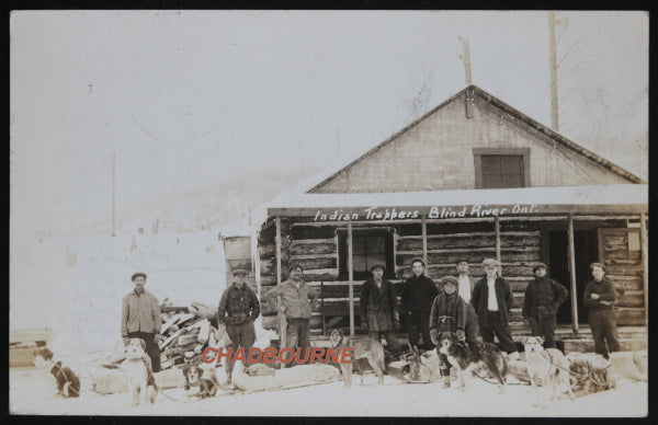 1929 photo postcard of trappers and dog sleds, Blind River Ontario