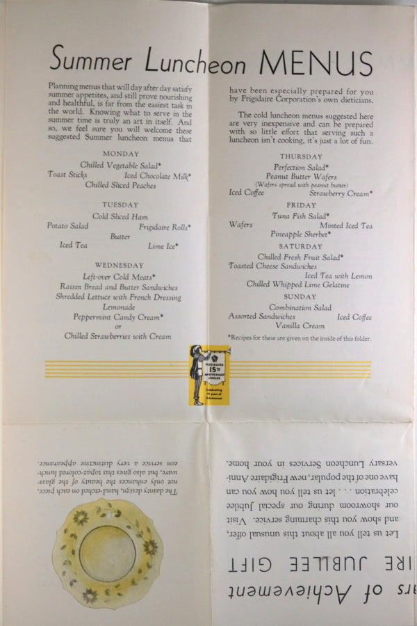 1931 USA Frigidaire 15th anniversary summer menus and recipes