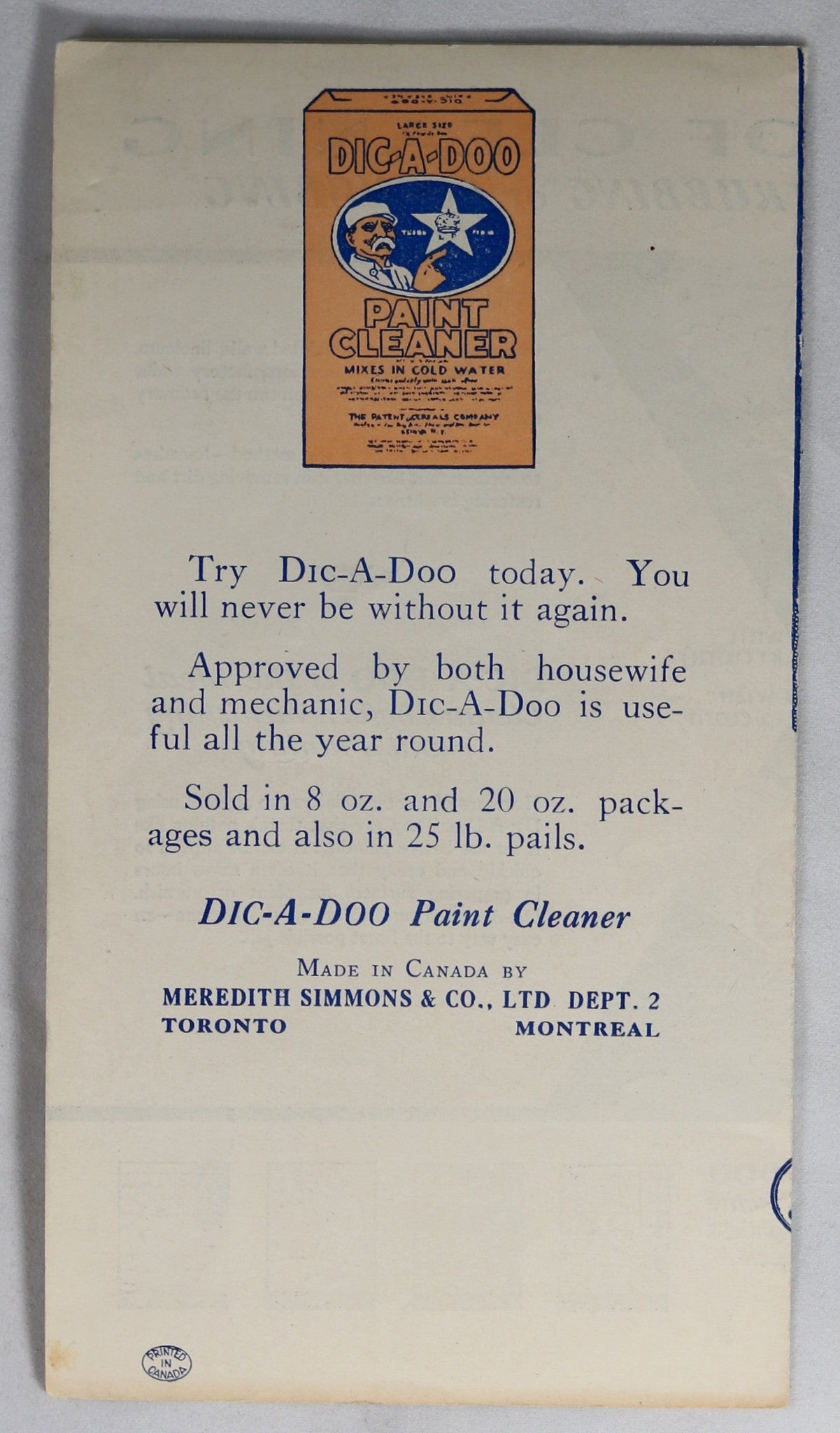 1932 advertising pamphlet DIC-A-DOO Paint Cleaner (Canada) 1932 advertising pamphlet DIC-A-DOO Paint Cleaner (Canada)