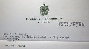 1932 letter from Canadian MP to Liberal Association of North Bay Ontario