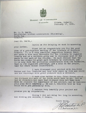 1932 letter from Canadian MP to Liberal Association of North Bay Ontario