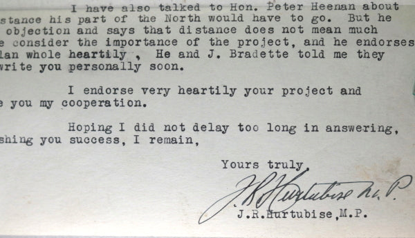 1932 letter from Canadian MP to Liberal Association of North Bay Ontario