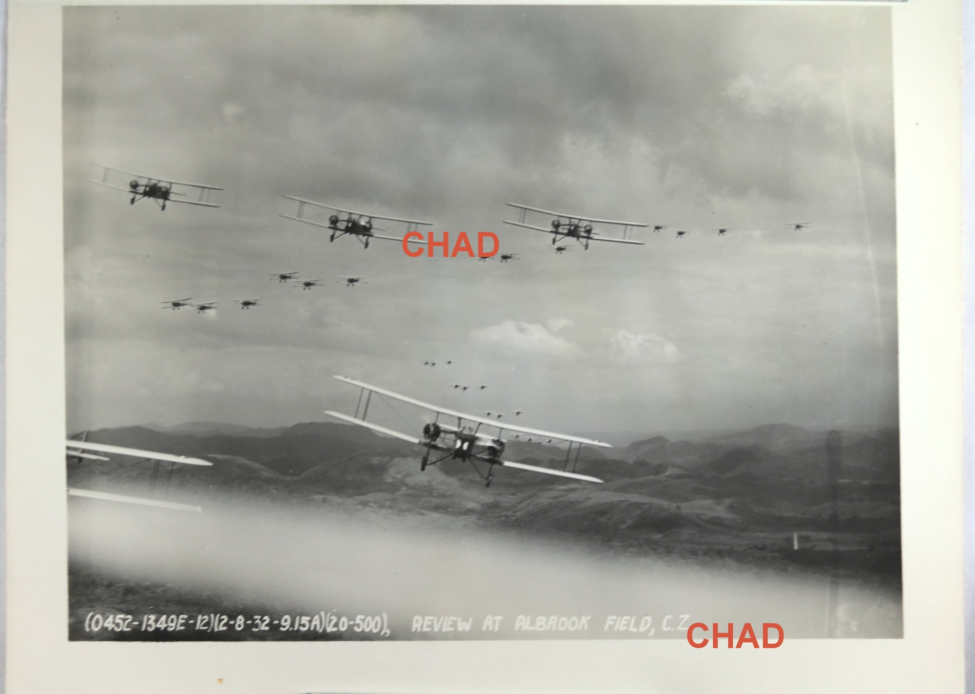 1932 photo of US biplanes flying in review, Albrook Field C.Z.