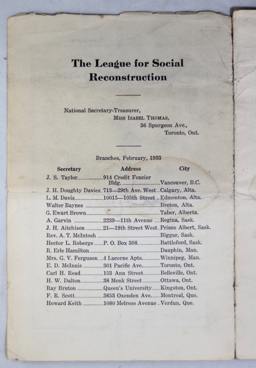 1933 Handbook of The League for Social Reconstruction (Canada)