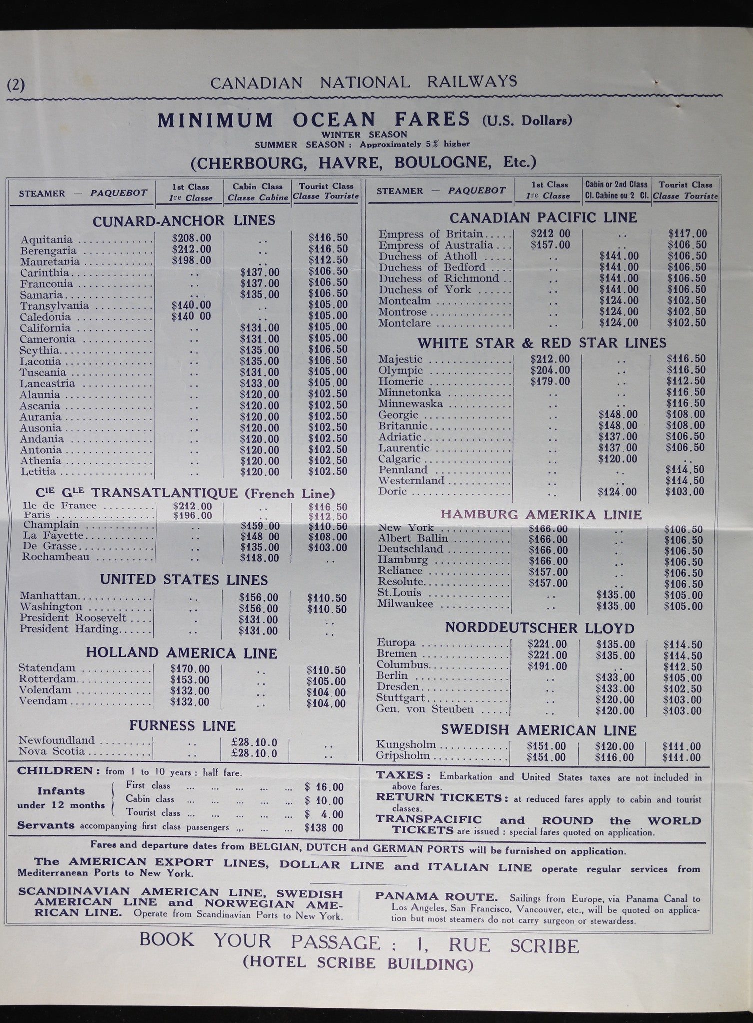 1933 Ocean Sailing List - CNR steamships from Europe