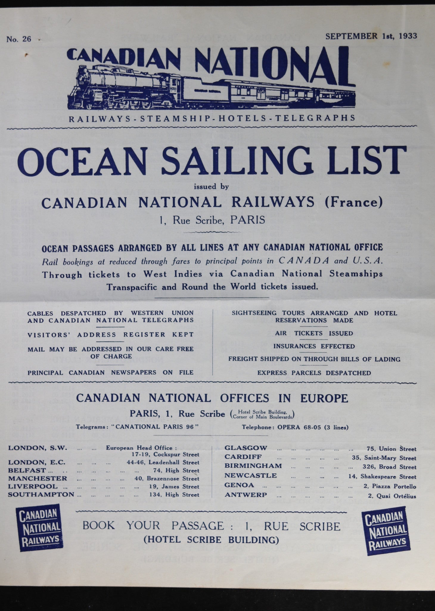 1933 Ocean Sailing List - CNR steamships from Europe