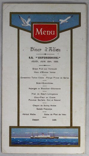 1933 menu Bibby Line S.S. “Oxfordshire” avec inscriptions
