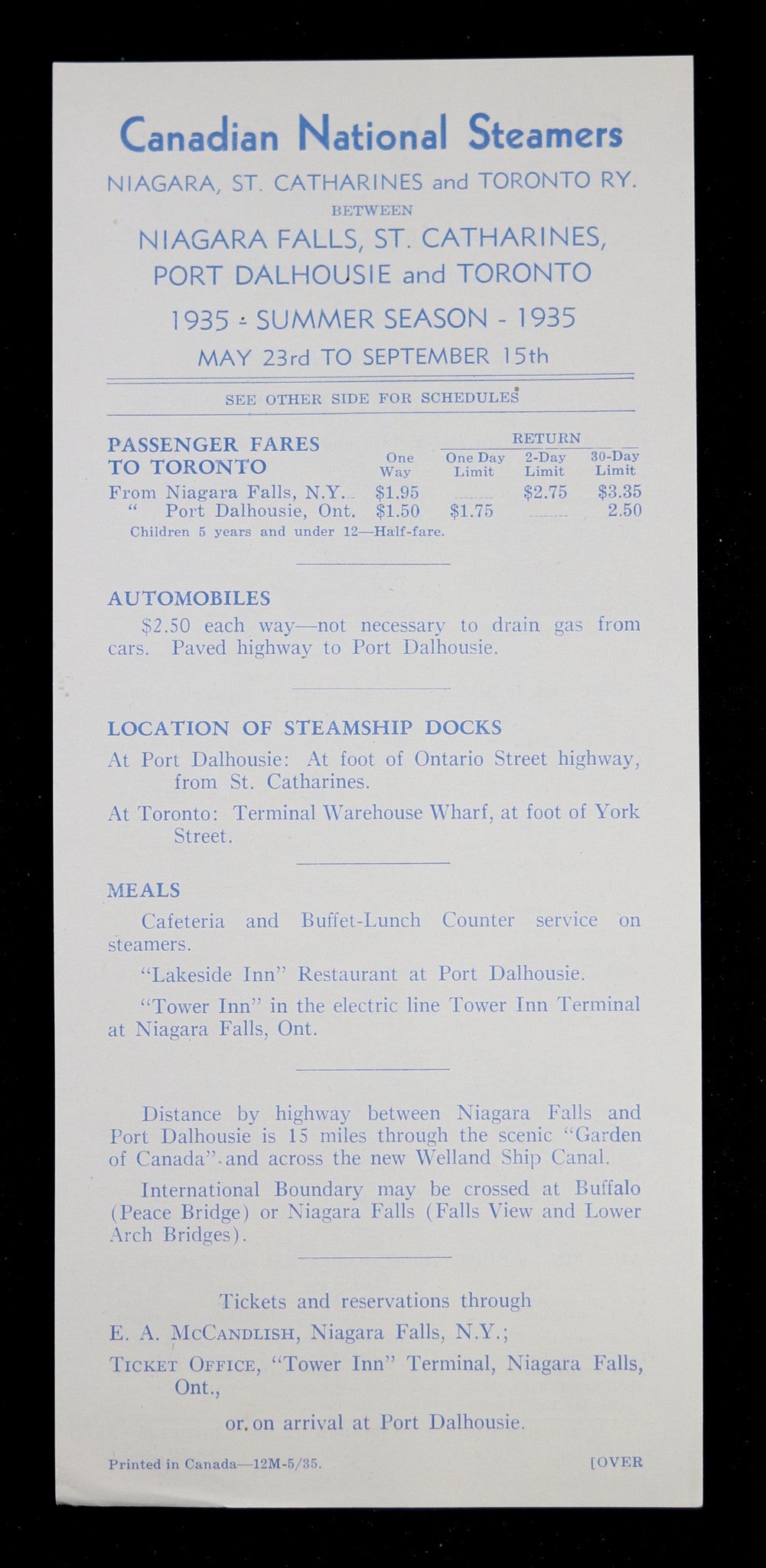 1934 Canadian National Steamers (Lake Ontario) - Timetable and Fares