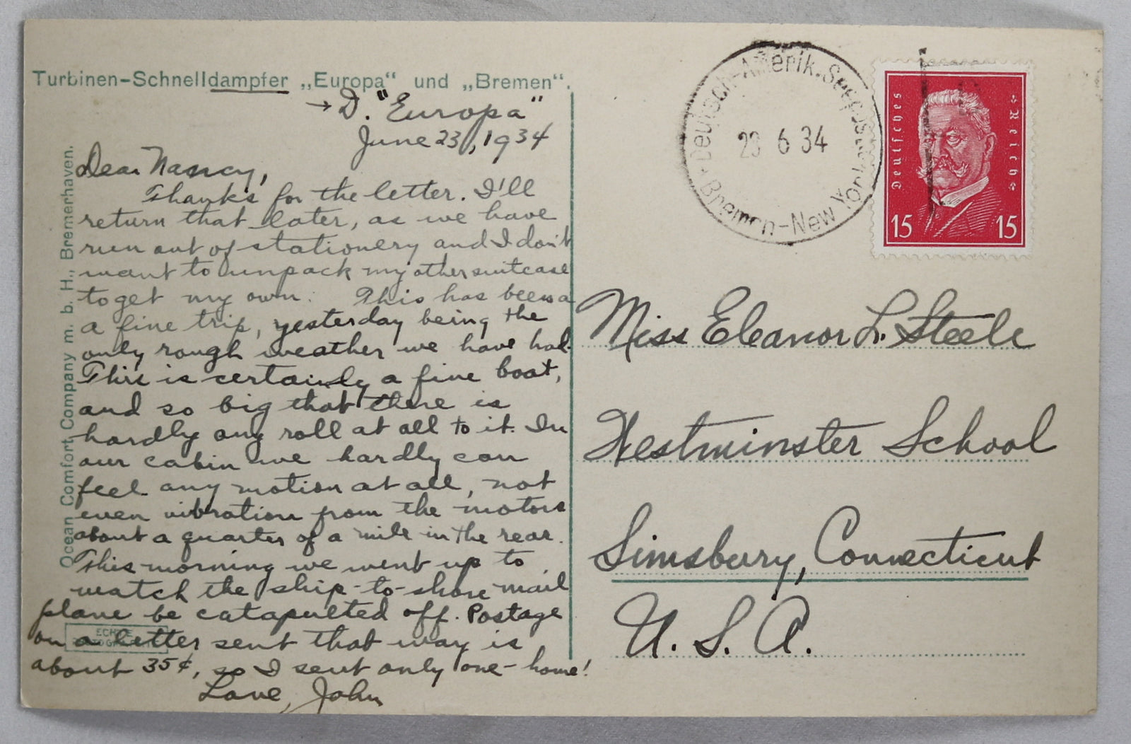 1934 PPC with SS Europa Bremen-New York on-board cancellation
