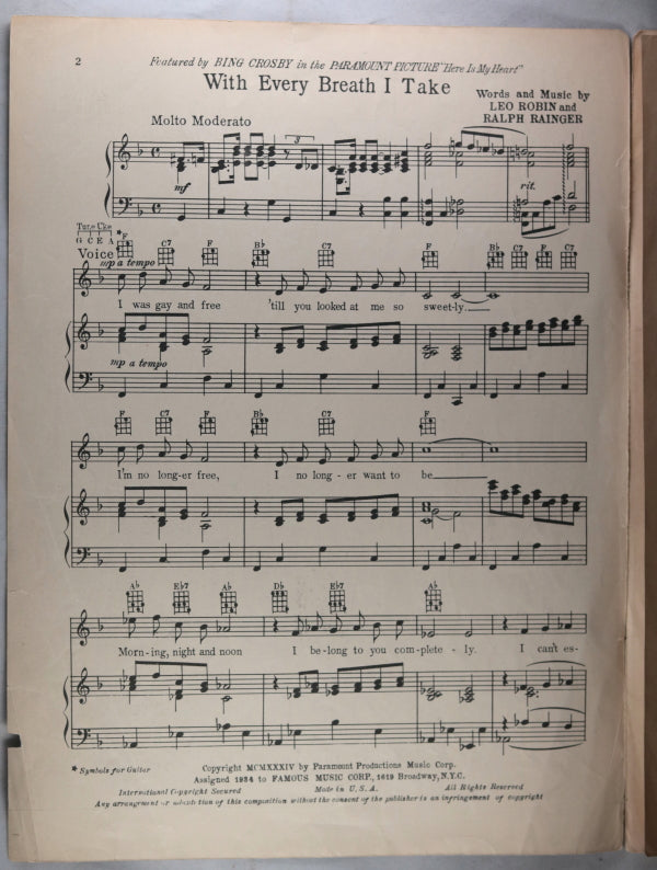 1934 two music sheets from Bing Crosby movie ‘Here is my Heart’