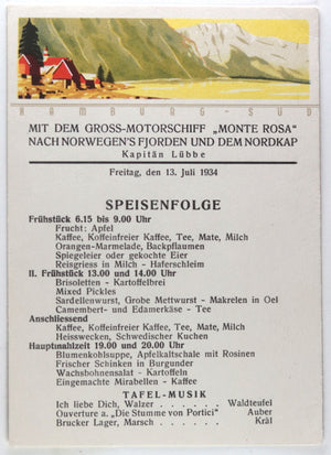 1934 set of 4 German ship menus ‘Monte Rosa' Norway cruise