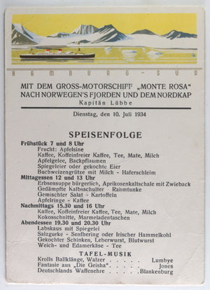 1934 set of 4 German ship menus ‘Monte Rosa' Norway cruise
