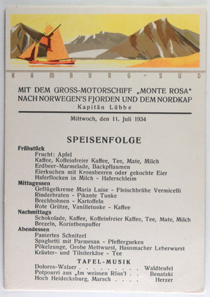 1934 set of 4 German ship menus ‘Monte Rosa' Norway cruise