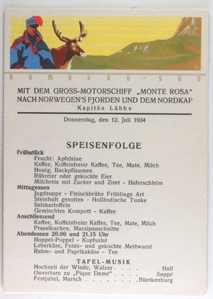 1934 set of 4 German ship menus ‘Monte Rosa' Norway cruise