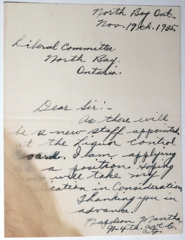 1935 North Bay Ontario, patronage appointment to Liquor Control Board