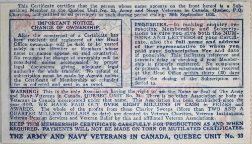 1935 receipt membership Army & Navy Veterans Charity Quebec