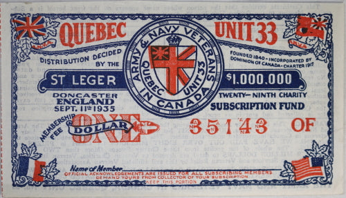 1935 receipt membership Army & Navy Veterans Charity Quebec