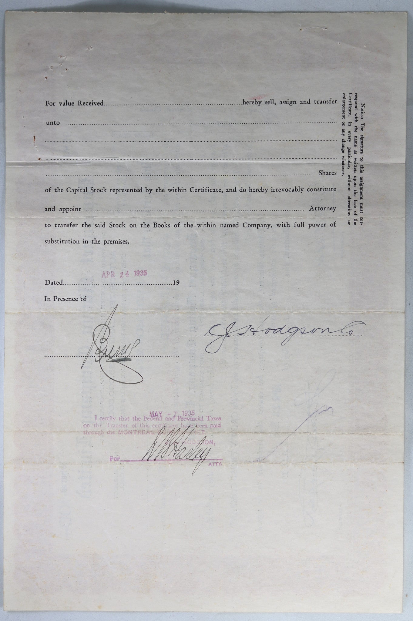 1935 stock certificate Duparquet Mining Co. QC Canada