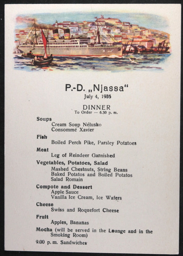 1935 set of 2 German ship menus ‘Njassa’ German East Africa line