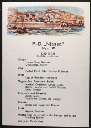 1935 set of 2 German ship menus ‘Njassa’ German East Africa line