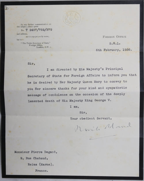 1936 UK Foreign Office, thank you for condolences death King George V