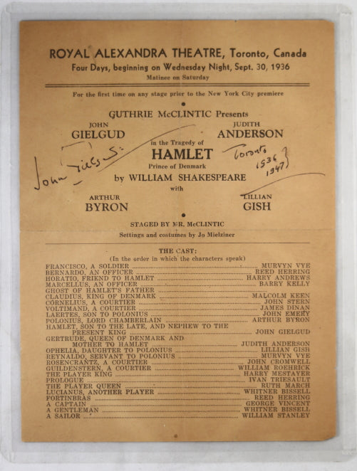 1936 Toronto playbill for Hamlet, autographed  by Sir John Gielgud (1947)