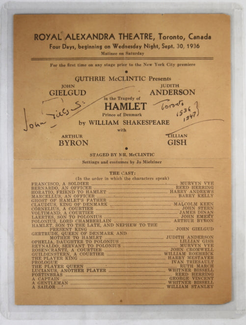 1936 Toronto playbill for Hamlet, autographed by Sir John Gielgud (1947)
