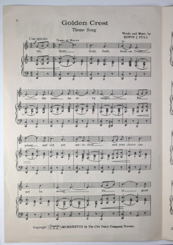 1938 City Dairy Toronto (Canada), music for Golden Crest Theme song 1938 City Dairy Toronto (Canada), music for Golden Crest Theme song