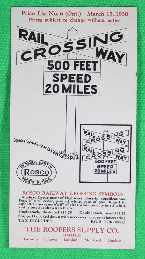1938 advertising card for Rosco Railway Crossing Symbols (Canada) 1938 advertising card for Rosco Railway Crossing Symbols (Canada)