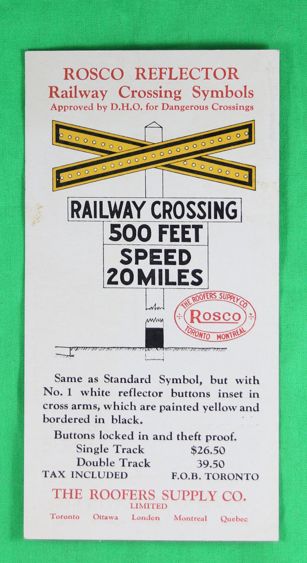 1938 advertising card for Rosco Railway Crossing Symbols (Canada) 1938 advertising card for Rosco Railway Crossing Symbols (Canada)